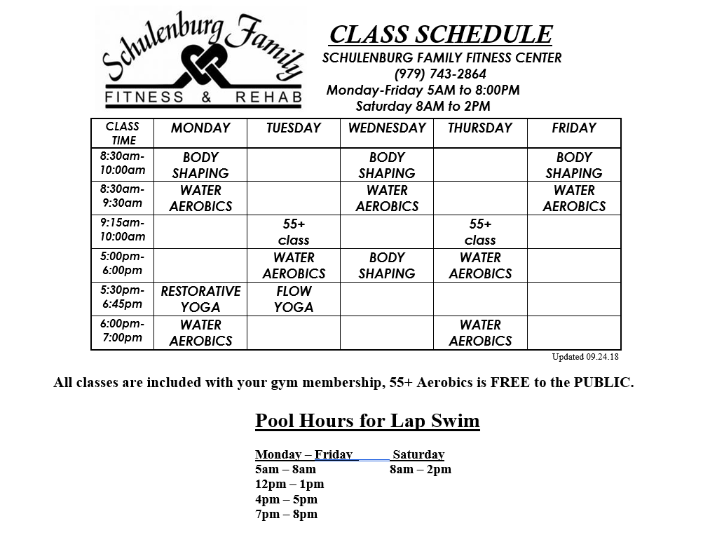 A class schedule for swimming classes with pool hours.